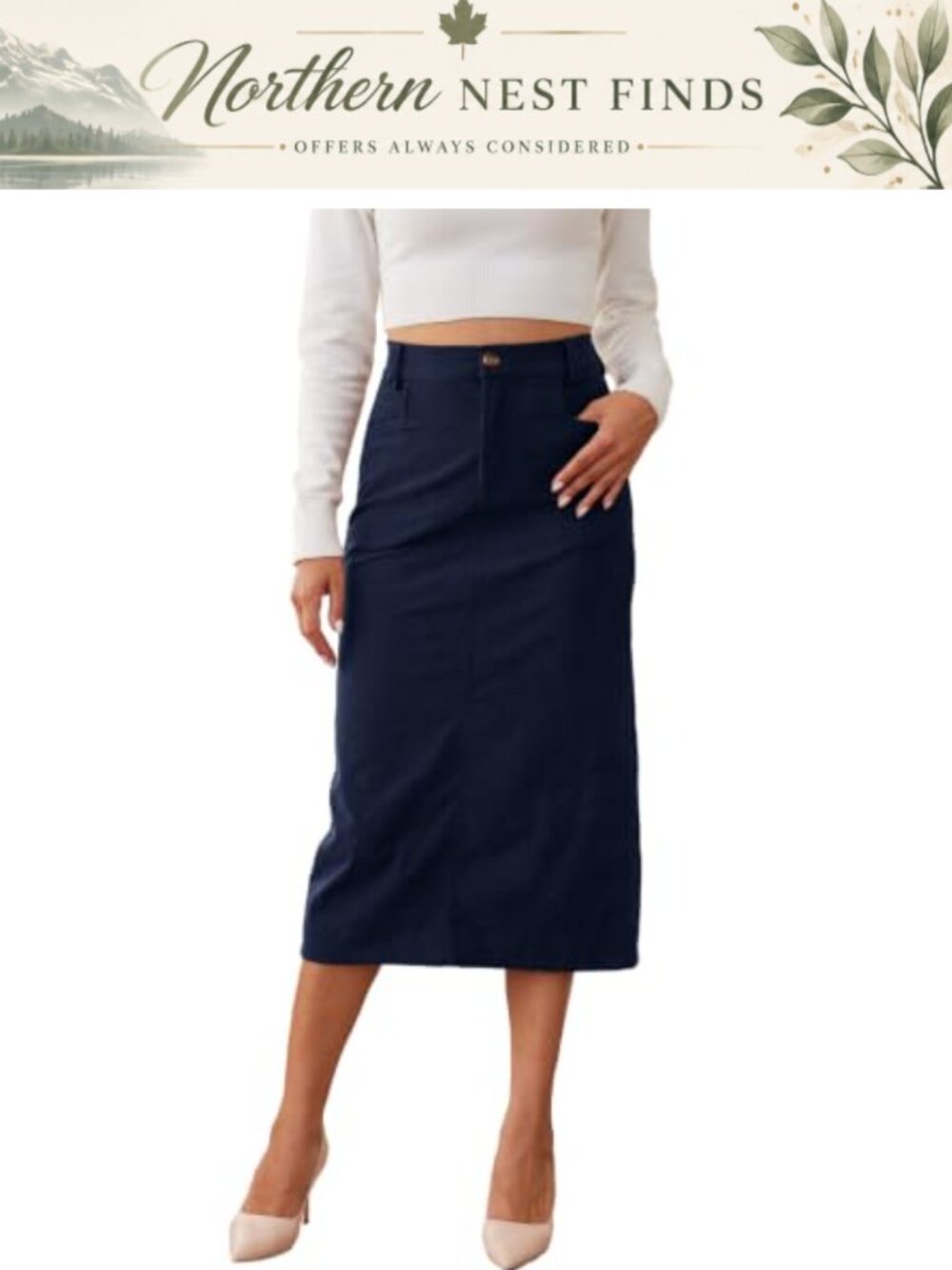 Midi Corduroy Pencil Skirt High Elastic Waist Back Slit Pockets